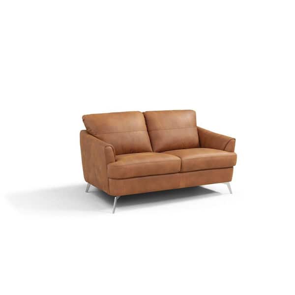 Benjara 59 in. Brown Solid Leather 2-Seater Loveseat with Sleek Angled Metal Legs