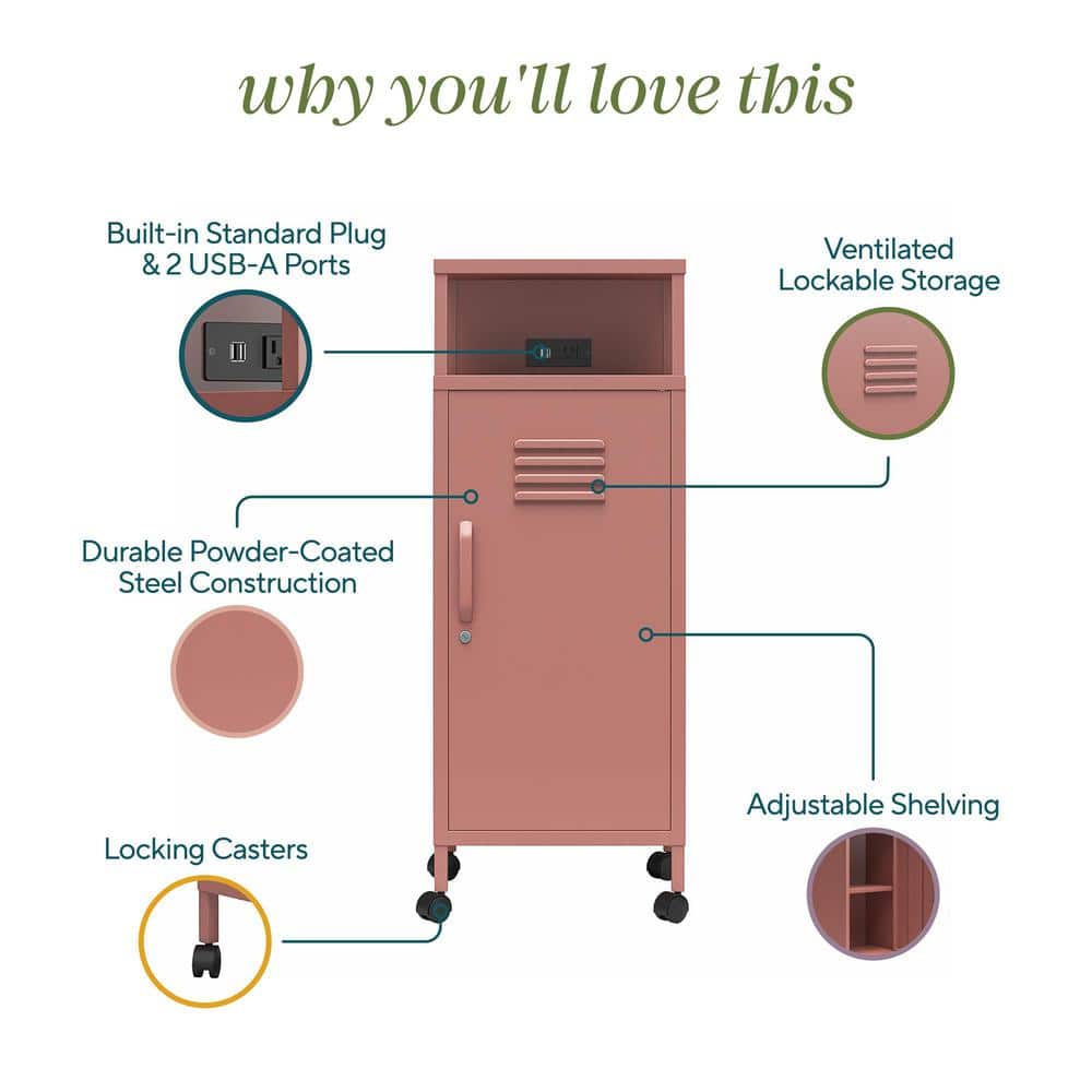 Dusty Rose Metal Locker-Style Rolling Storage Cart