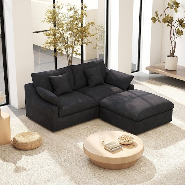 Magic Home 82.6 in. Square Arm Plush Linen 3-Piece Loveseat Cloud Couch Modular Sectional Sofa with Ottoman in Black