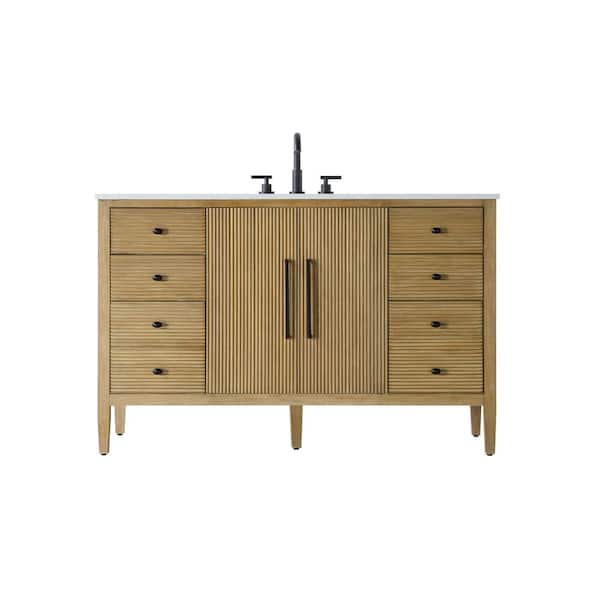 54 in. Single Sink Linen Oak Bath Vanity with White Engineered Marble Top