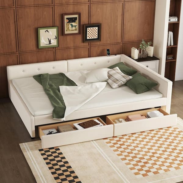 Beige Wood Frame Queen Size Platform Bed with USB Port and 2 Drawers