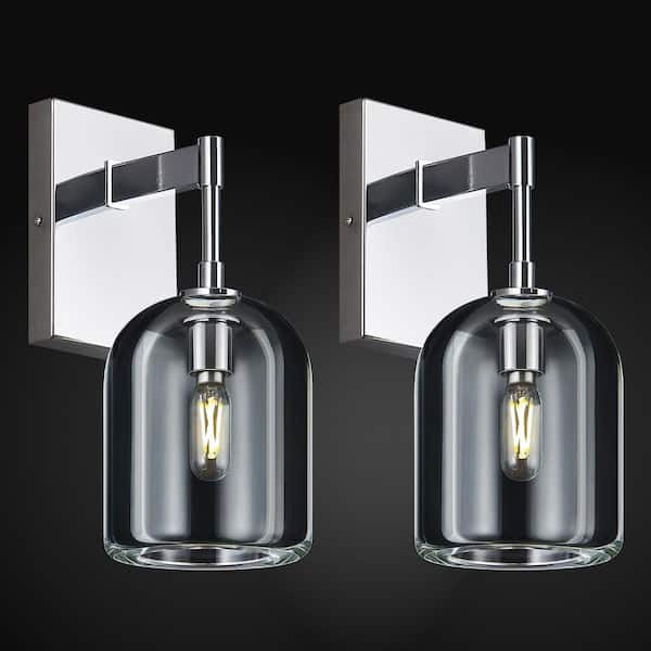 Home Light 6-Watt 1 Light Chrome Modern Wall Lamp With Crystal Wall Sconces Shade, No Bulbs Included, 2-Pack