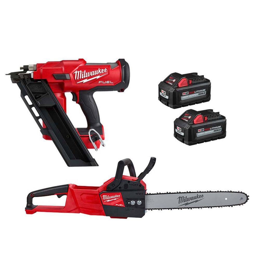 Milwaukee M18 FUEL 3-1/2 in. 18-Volt 30-Degree Lithium-Ion Brushless Cordless Nailer w/16 in.FUEL Chainsaw, Two 6Ah HO Batteries -  2745-20-2727-20
