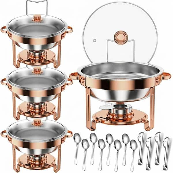 4-Pack 5 qt. Rose Gold Stainless Steel Round Chafing Dish Buffet Set with Glass Lid Wedding Catering Unit