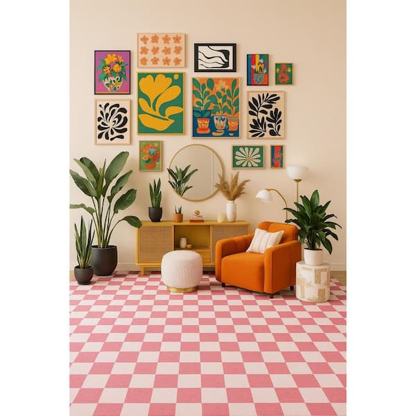 8 ft. x 11 ft. Pink Metro Checkered Blush Non-Toxic, Child and Pet Safe-Indoor for Kids, Area Rug