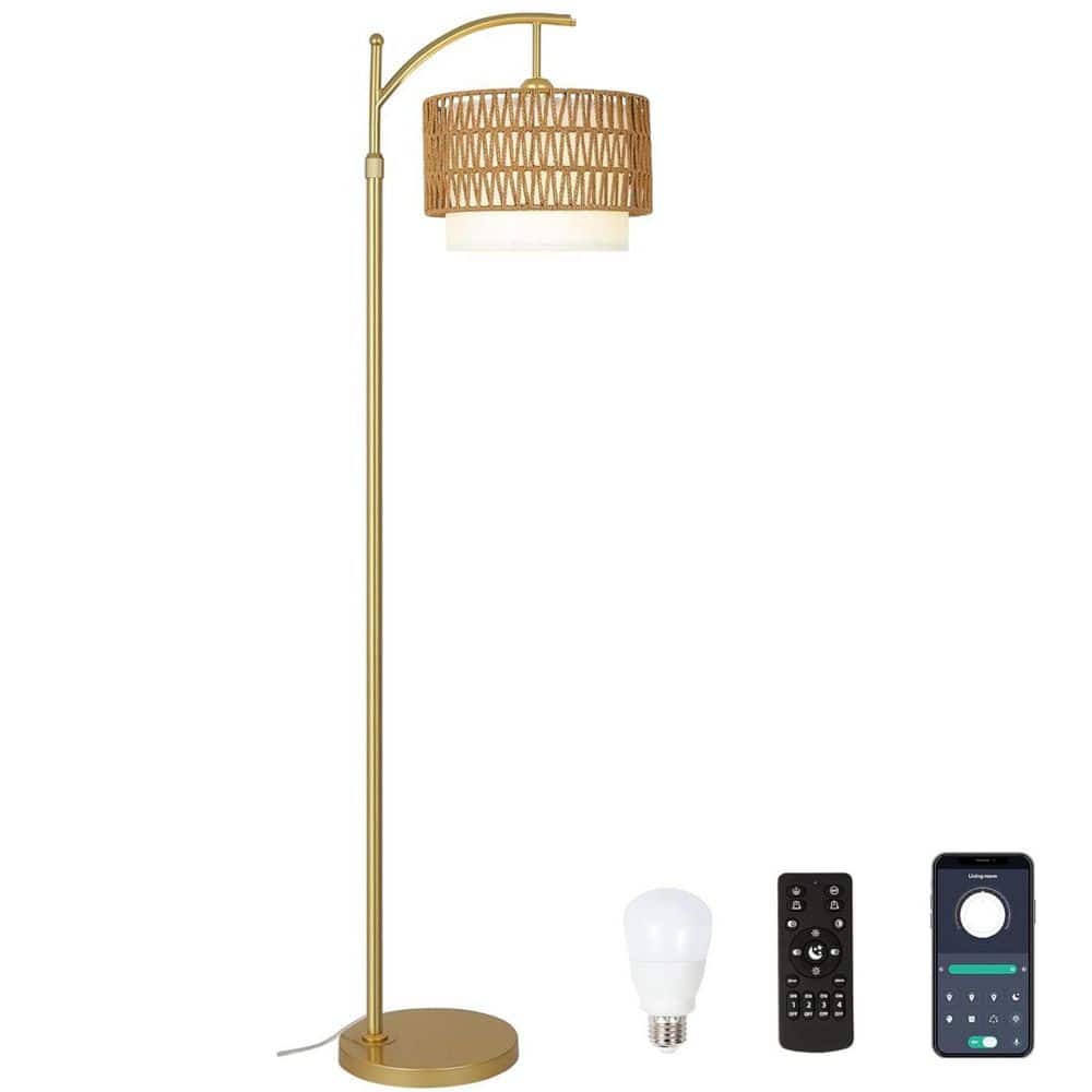 Modern 72.8 in. Gold Boho 1-Light Smart Dimmable Arc Floor Lamp for Living Room with Rattan, Fabric Double Shade price history on PriceWatchPro