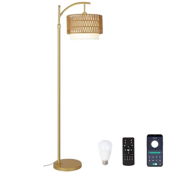 Modern 72.8 in. Gold Boho 1-Light Smart Dimmable Arc Floor Lamp for Living Room with Rattan, Fabric Double Shade