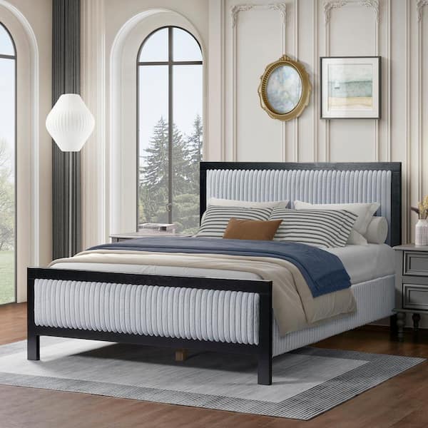 Harper & Bright Designs Gray and Black Solid Wood Frame Queen Size Upholstered Platform Bed with Fluffy Soft Headboard and Footboard