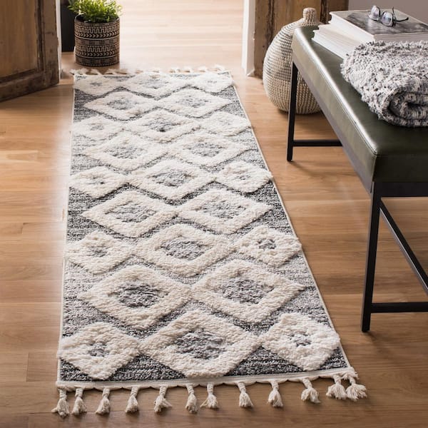 Moroccan Tassel Shag Ivory/Gray 2 ft. x 10 ft. High-Low Geometric Fringe Runner Rug