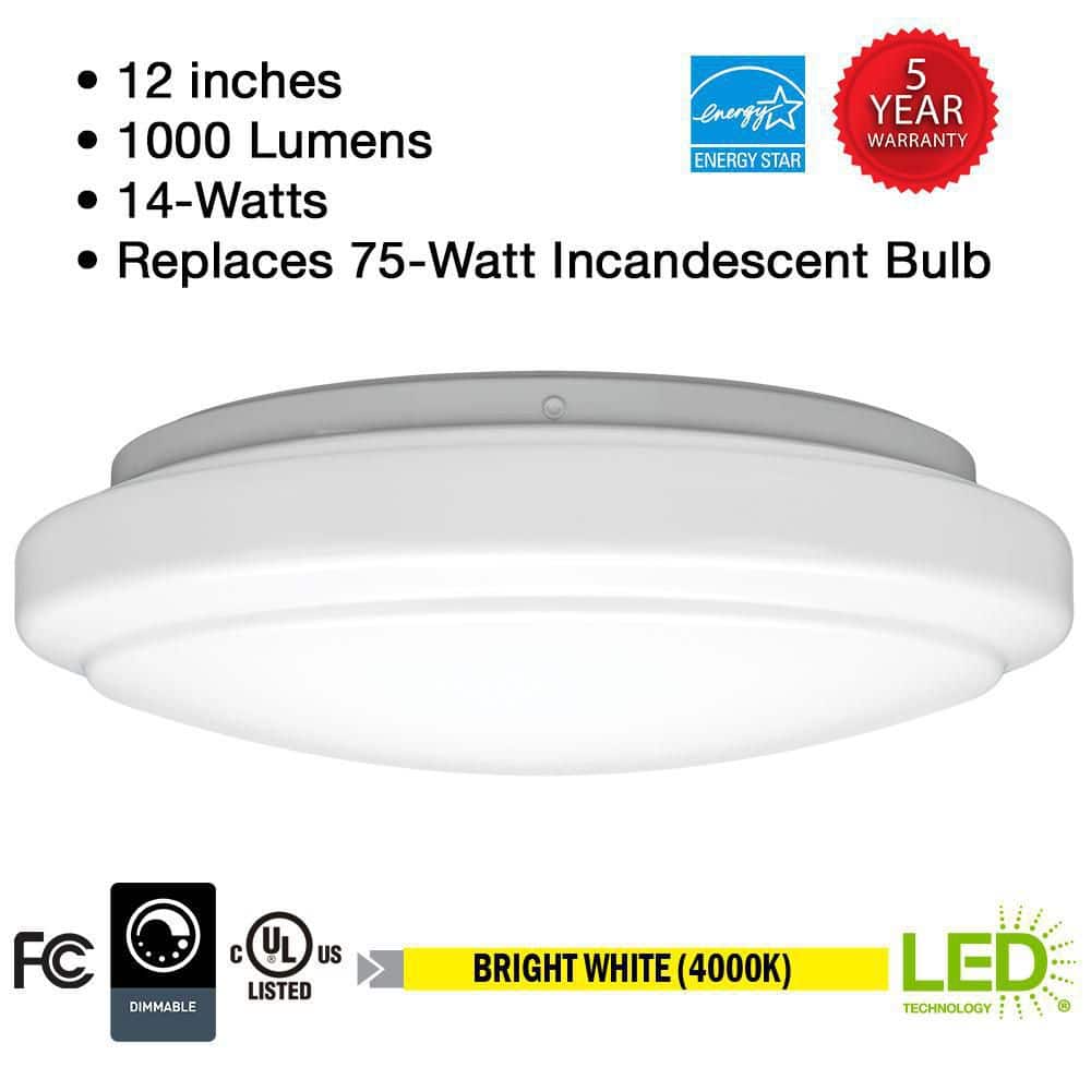 Crystal Bright 12" White Round LED Flush Mount Light, 1000 Lumens