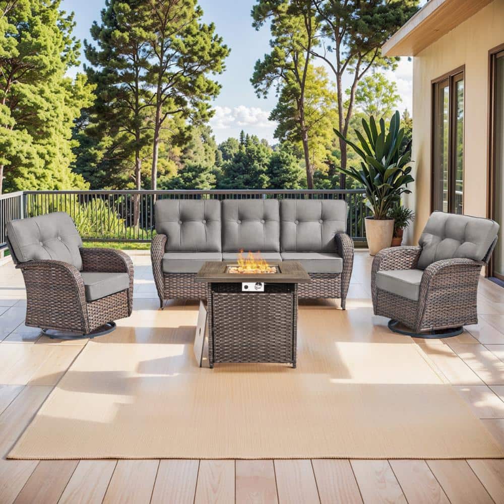 Tidalis 4-Piece Wicker Patio Fire Pit Set Outdoor Conversation Swivel Chair Set with 30in. Fire Pit Table Gray Cushions price history on PriceWatchPro