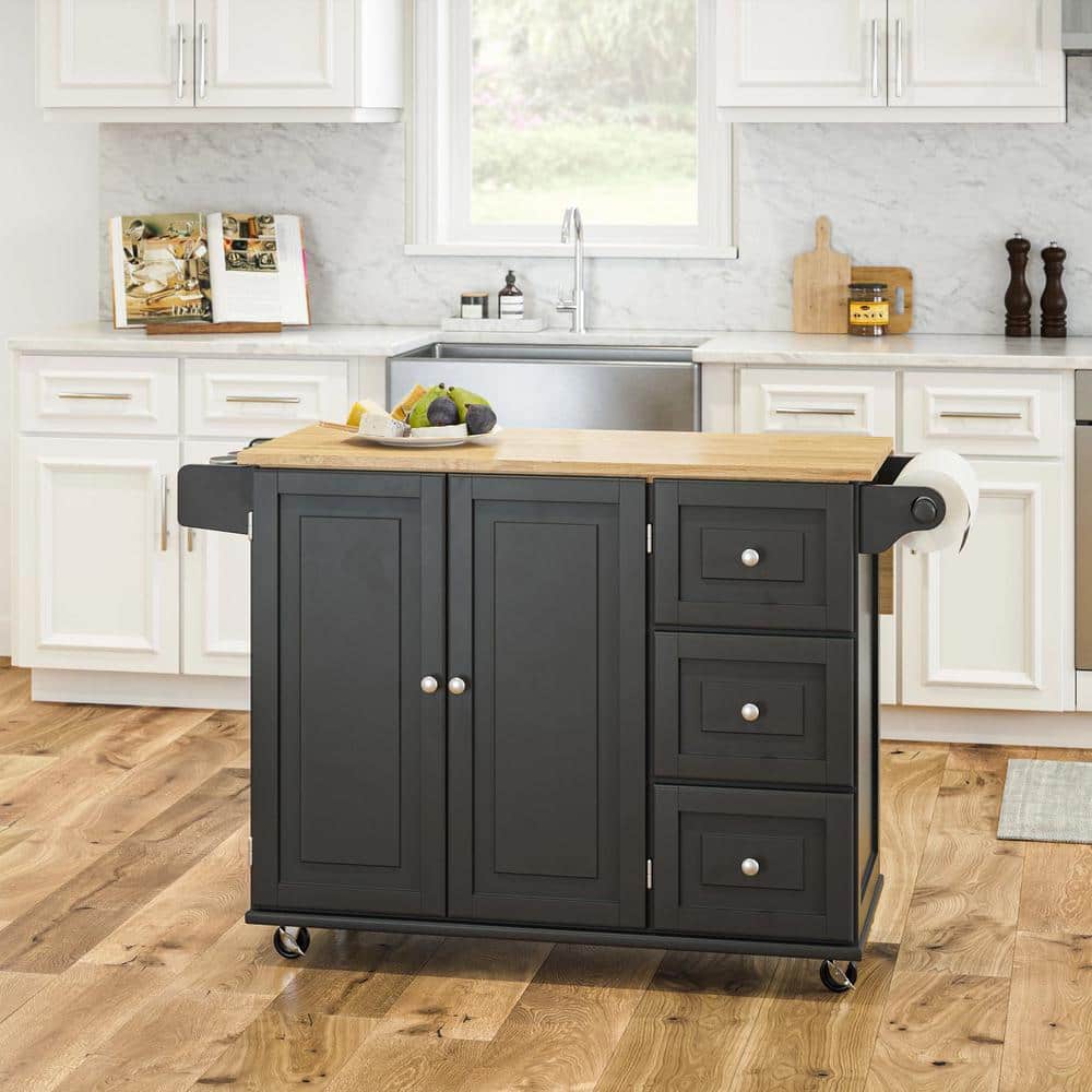 Black Wood Kitchen Cart with Drop Leaf and Storage
