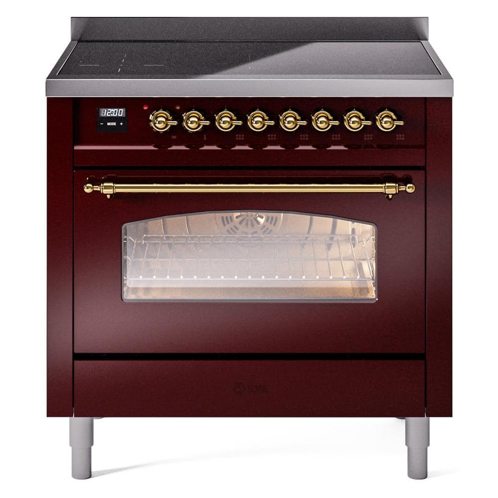 Nostalgie II 36 in. 6 Zone Freestanding Induction Range in Burgundy with Brass -  ILVE, UPI366NMPBUG