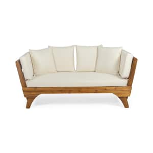 Serene Teak Brown Wood Expandable Outdoor Day Bed with Beige Cushions