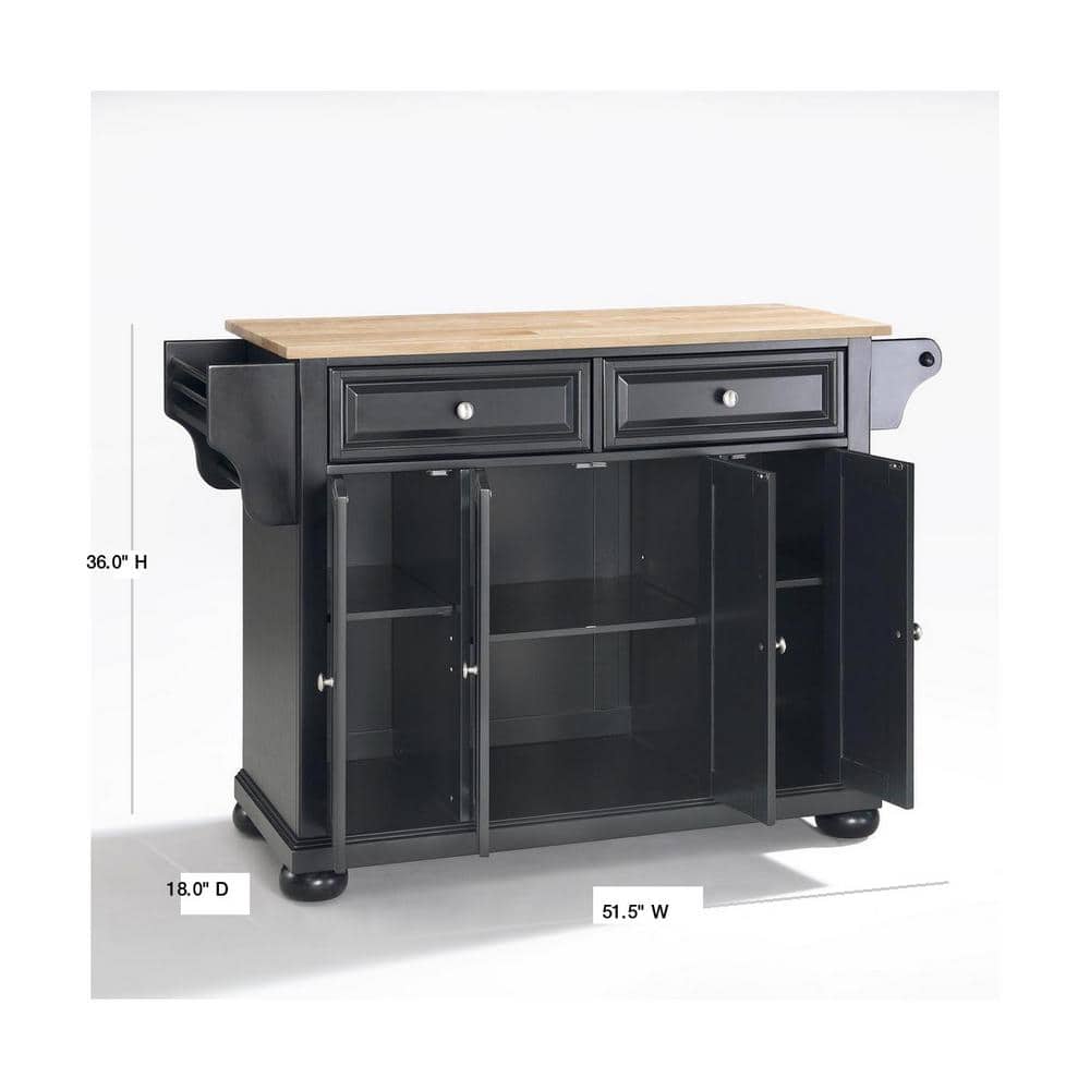 Cambridge 46" Black Kitchen Island with Natural Wood Top and Storage