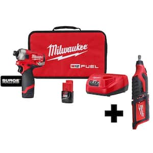 M12 FUEL SURGE 12V Lithium-Ion Brushless Cordless 1/4 in. Hex Impact Driver Compact Kit with M12 Rotary Tool