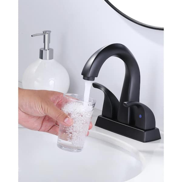 Modern 4 in. Centerset High-Arc Double-Handle Bathroom Faucet with Pop-up Drain Kit in Matte Black