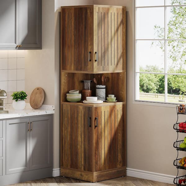 Cindy 70.87 in. Tall Wood Brown Farmhouse Corner Storage Corner Cabinet, 4 Breathable Shutter Doors 5 Shelves Pantry