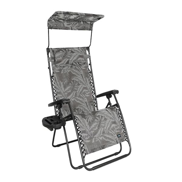 BLISS HAMMOCKS 26 in. W Metal Outdoor Zero Gravity Recliner with Adjustable Canopy, Drink Tray and Cushion Pillow in Platinum Fern