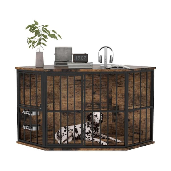 Dog Crate Furniture Corner Indoor Dog Kennel Pet House Dog Cage Storage Cabinet with 2-Stainless Bowls, Brown