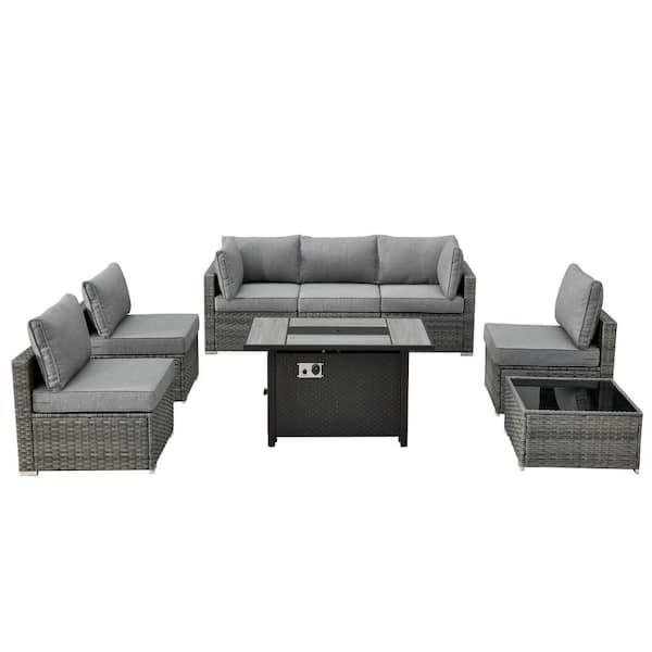 Sanibel Gray 8-Piece Wicker Patio Conversation Sofa Sectional Set with a Metal Fire Pit and Dark Gray Cushions