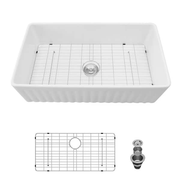 Sarlai 30 in. Farmhouse Apron Single Bowl Round Corner Ceramic Kitchen Sink with Sink Grid and Basket Strainer