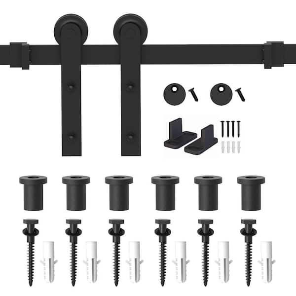 WINSOON 7.5 ft. Frosted Black Strap Sliding Barn Door Track Hardware Kit for Single Wood Door Non-Routed Floor Guide