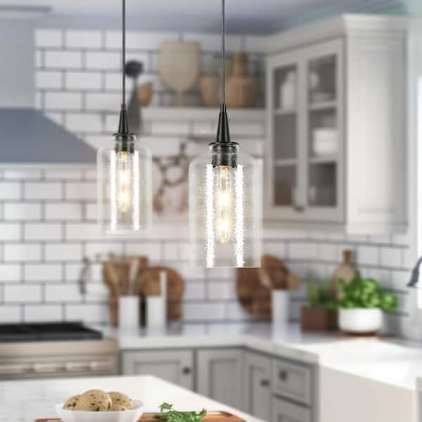 LNC Modern Industrial 1-Light Matte Black Dome 6.1 in. Mini Pendant Light with Clear Hammered Glass for Kitchen, Bedroom