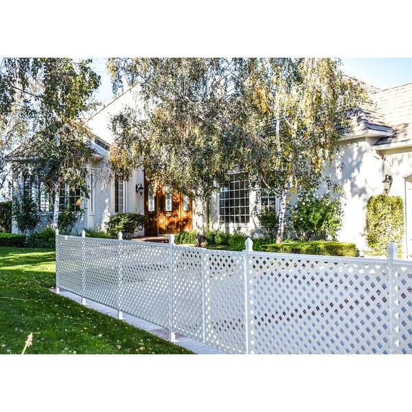 Snapfence 3 Ft X 56 Ft White Vinyl Plastic Lattice Fence Panel Enclosure Kit Hard Surface Base Mounts Vfl56bm The Home Depot Snapfence 3 Ft X 56 Ft White Vinyl Plastic Lattice Fence Panel Enclosure Kit Hard Surface Base Mounts Vfl56bm The Home Depot
