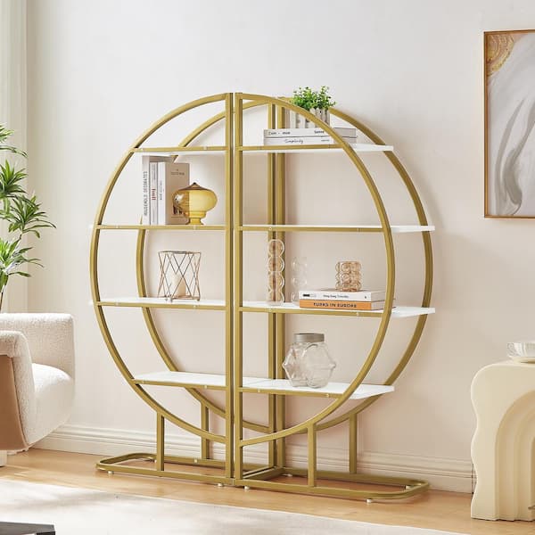 FUNKOL 4-Tier Home Office Round Shape Gold Metal Frame, White Different Placement Ways Wood Bookcase, Etagere Bookshelf