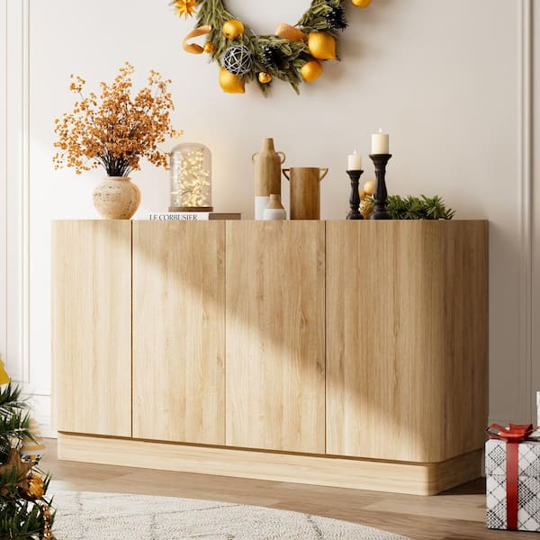 Timgroo 55 in. W x 15.7 in. D x 32 in. H Assembled Base Sideboard Buffet Cabinet in Natural Oak and 4 Doors