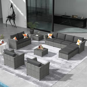 Bexley Gray 12-Piece Wicker Patio Conversation Seating Set with Black Cushions