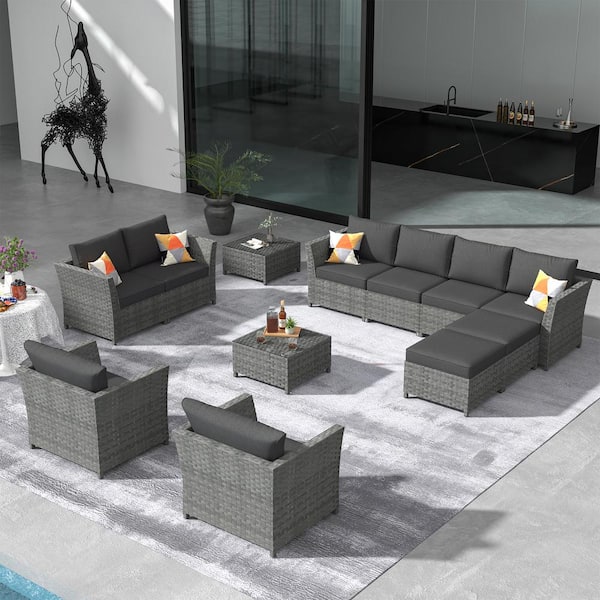 OVIOS Bexley Gray 12-Piece Wicker Patio Conversation Seating Set with Black Cushions
