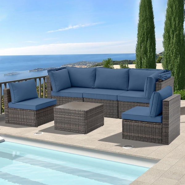 Tenleaf Gray 6-Piece Wicker Patio Conversation Set with Blue Cushions, Adjustable Canopy and Backrest
