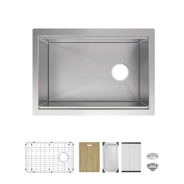 Professional Zero Radius 27 in Undermount Single Bowl 16 Gauge Stainless Steel Workstation Kitchen Sink with Accessories