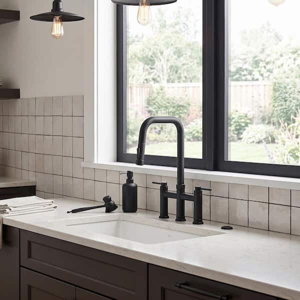 3-Hole Double-Handle Solid Brass Bridge Kitchen Faucet with Pull-Down Sprayer and Supply Lines in Brushed Nickel