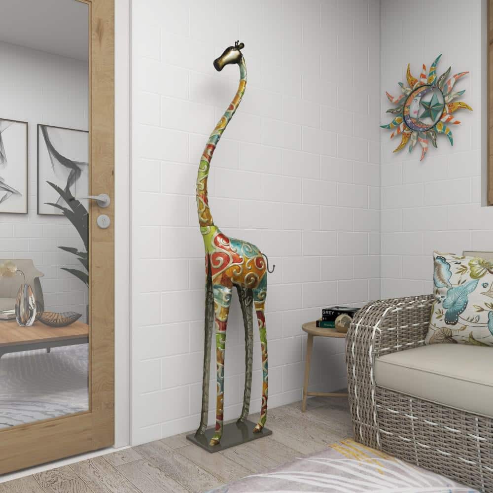 Extra Large Multicolor Metal Giraffe Sculpture with Embossed Detailing
