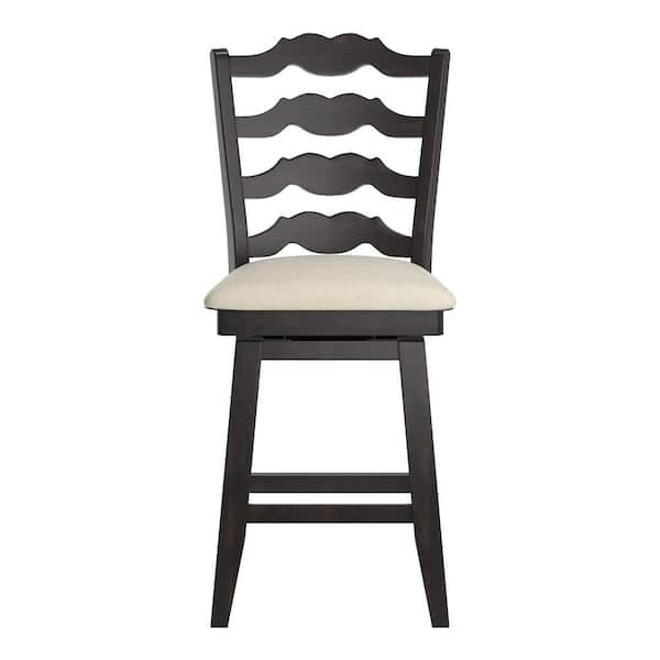 24 in. H Antique Black French Ladder Back Swivel Chair with Beige Linen Seat