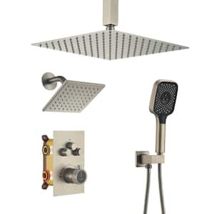 5-Spray Dual Shower Heads Ceiling Mount Fixed and Handheld Shower Head 2.5 GPM in Brushed Nickel 12 in. Thermostatic