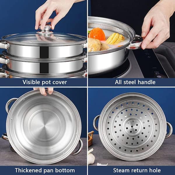 JFVKAF 3-Tier Stainless Steel Steamer Pot Set with Glass Lid and