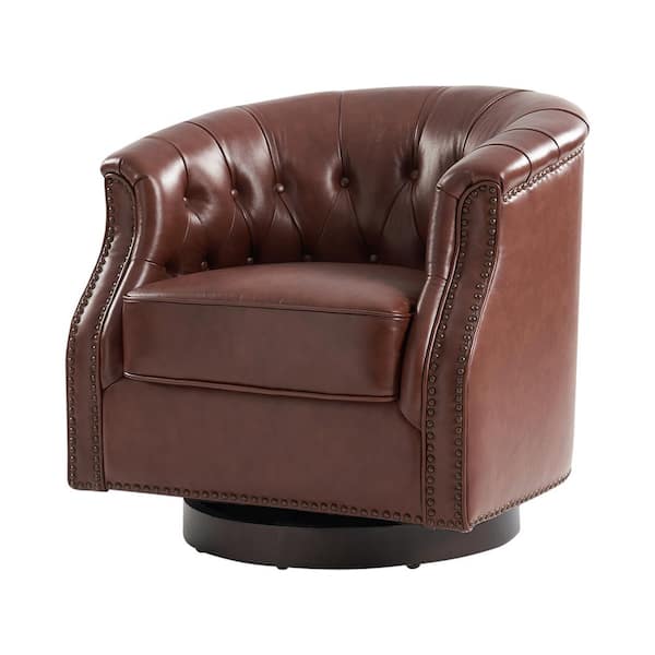 JAYDEN CREATION Montgomery Brown Traditional Chesterfield Genuine Leather Barrel Chair with Button-Tufted Design