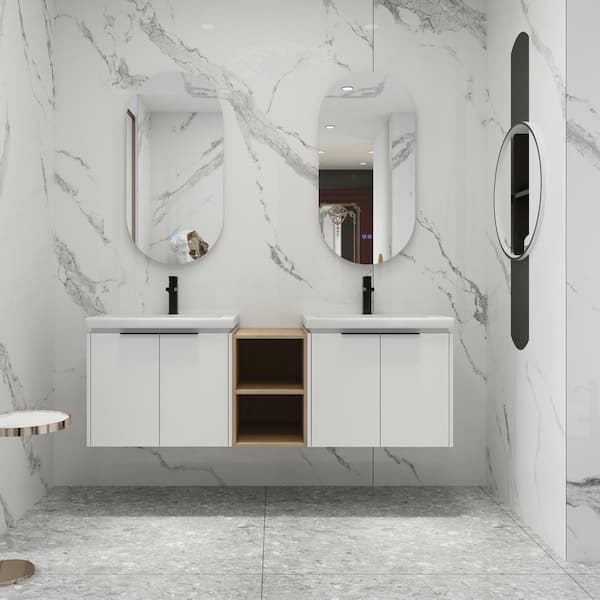 UPIKER Modern 60 in. W x 18.5 in. D x 20.7 in. H Double Sink Floating Bath Vanity in White with White Ceramic Top