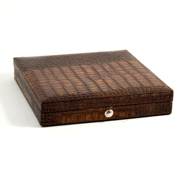 9 in. D x 1.75 in. H x 9 in. W Cedar Cigar Humidor in Brown Leather