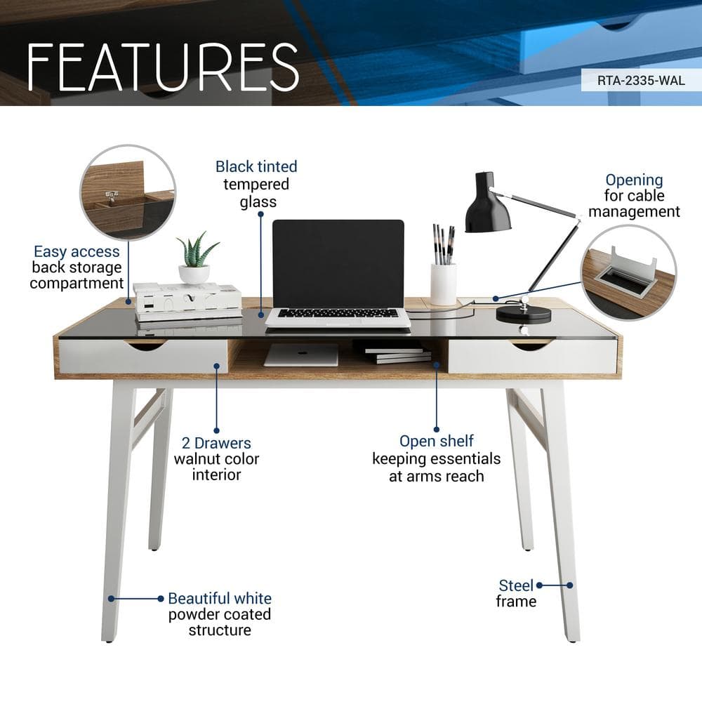 Modern Black Glass and Walnut Computer Desk with Storage