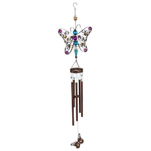 43 in. Blue and Purple Metal and Glass Beaded Butterfly Wind Chime