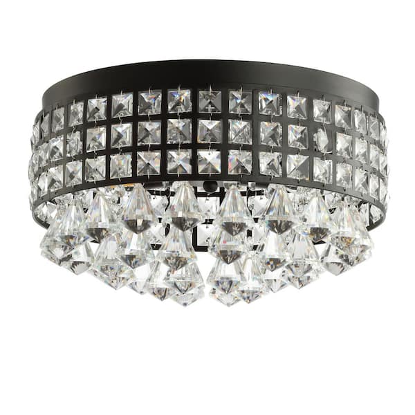 Meredith 14.5 in. 3-Light Crystal Drops/Metal LED Flush Mount, Black