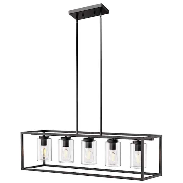 60-Watt 5-Light Dimmable Matte Black Mini Pendant Light Chandelier with Clear Glass Shade