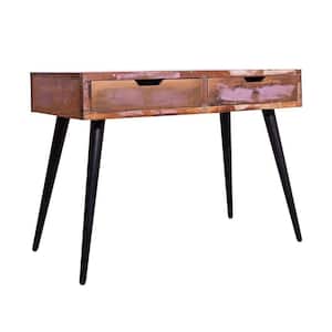 43 in. Brown and Black Rectangle Wooden 2 Drawer Console Table with Angled Legs and Multi Tone Pastel Accent