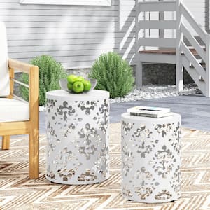 2 Pieces White Metal Outdoor Coffee Table, Weather Resistant Side Table End Table for Patio, Balcony, Garden, Bedside