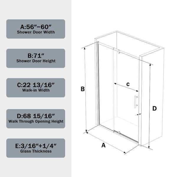 SHAAMA 56 - 60 in. W x 71 in. H Pivot Semi-Frameless Shower Door